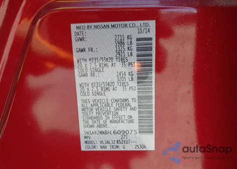 2015 Nissan Pathfinder Platinum from USA, damaged, VIN 5N1AR2MN8FC609075